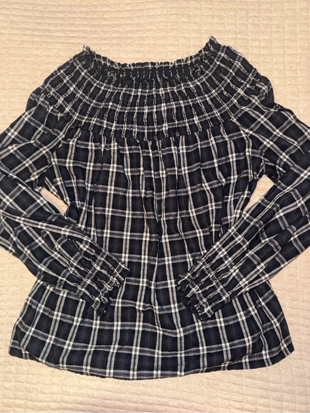 Smocked Off-Shoulder Black & White Plaid Blouse